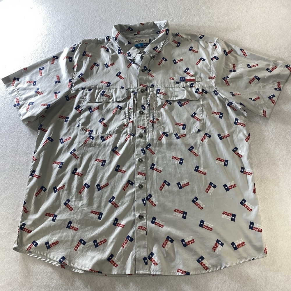 Magellan Outdoors Fish Gear Texas Flag Tacos Men's 2XL Gray Short Sleeve Vented